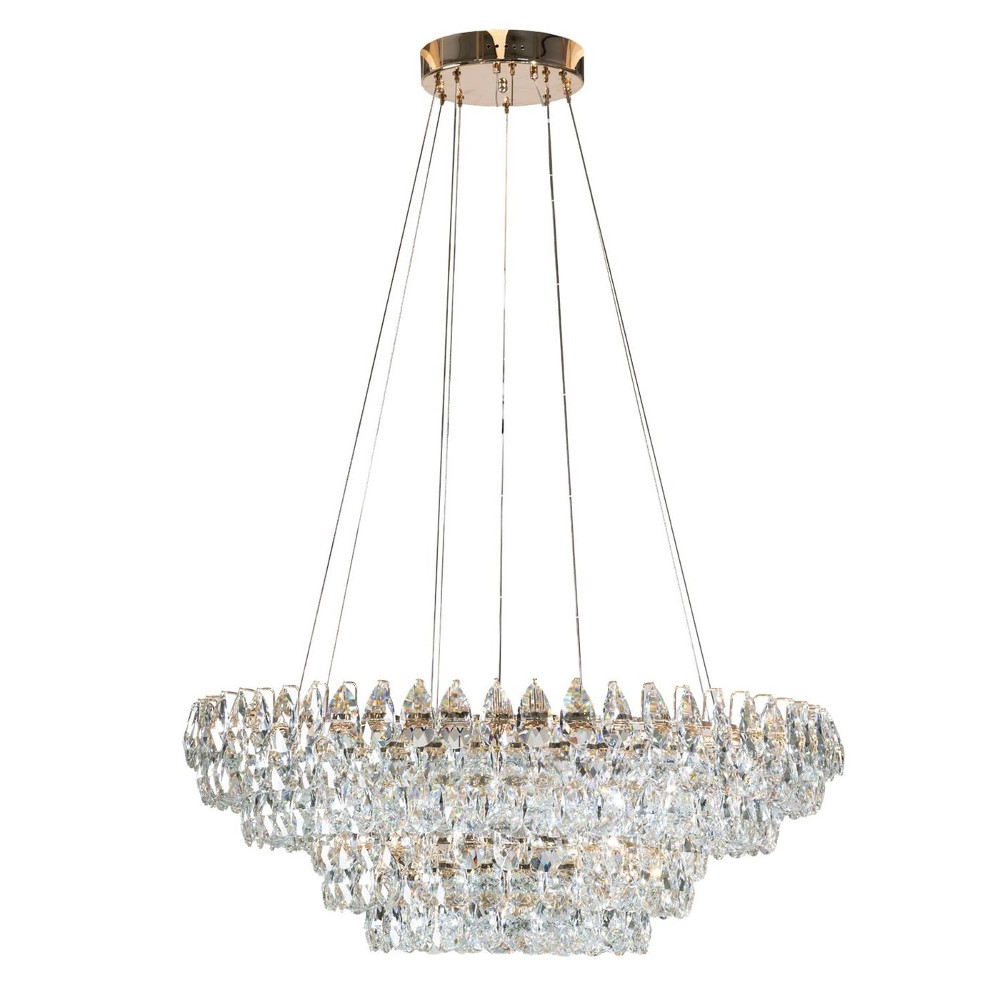 Lampa wisząca Barletta D60+D100 w kolorze złotym, z dwoma źródłami LED o mocy 180W. Zawieszona na cienkich linkach, z kryształowymi elementami w formie kropel, tworzącymi efektowne refleksy świetlne.