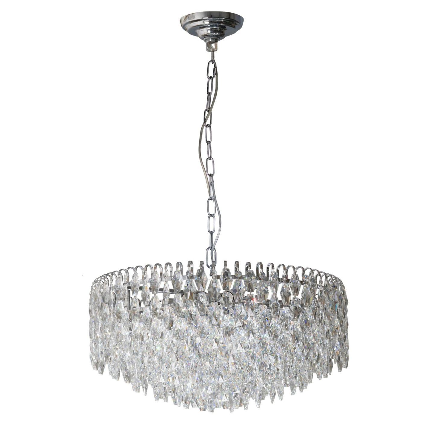 Lampa wisząca Burano D60 z chromowanym wykończeniem, o okrągłym kształcie, z dekoracyjnymi kryształowymi elementami. Zawieszona na metalowym łańcuchu, przeznaczona do 11 żarówek E14. Tło białe, co podkreśla jej elegancki design.