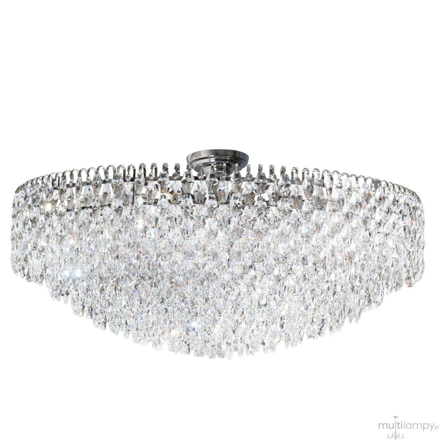 Lampa sufitowa Burano D100 o średnicy 28 cm z chromowanym wykończeniem, ozdobiona przezroczystymi kryształami. Ujęcie z dołu, ukazujące elegancki kształt i bogate detale, idealna do nowoczesnych wnętrz.