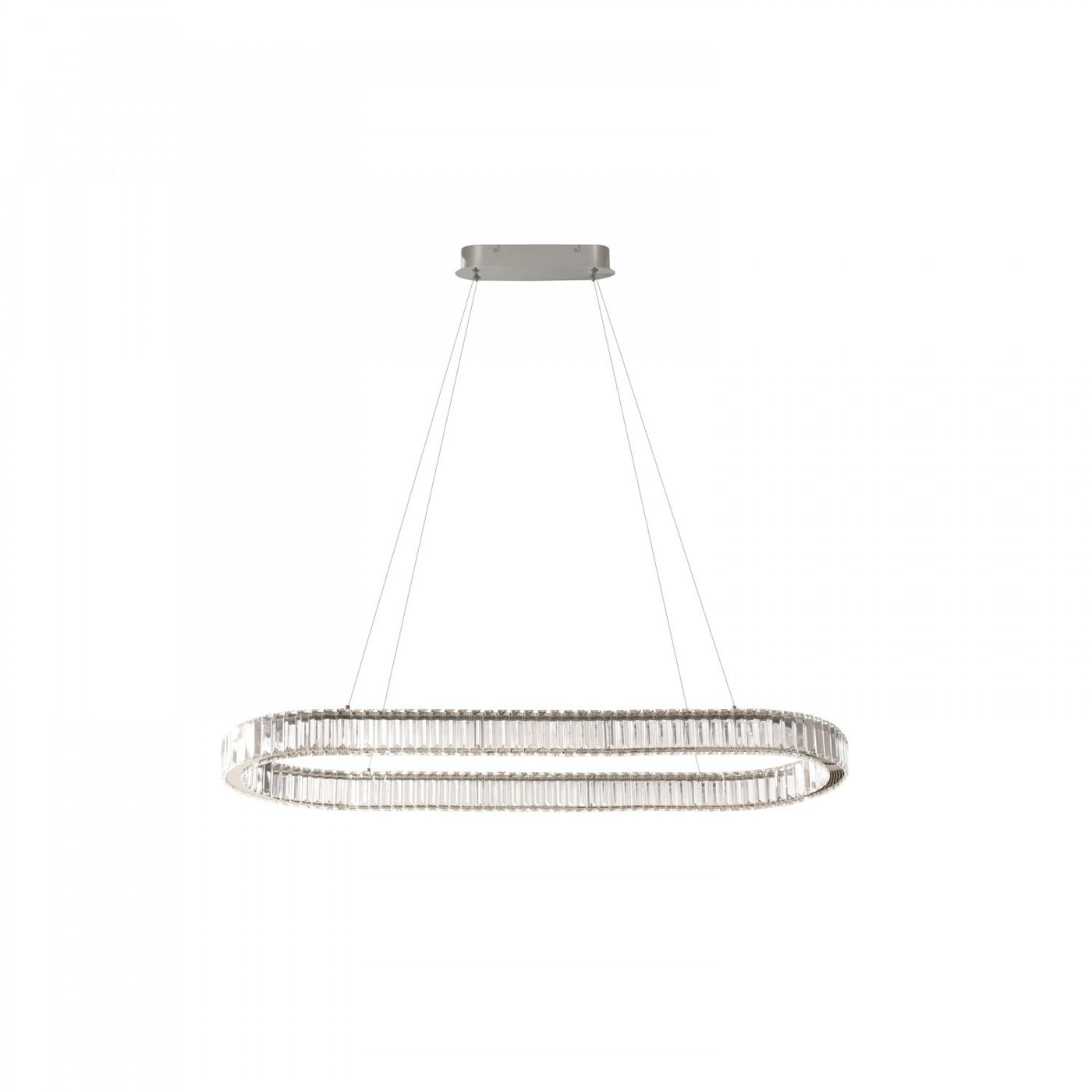 Lampa wisząca Spark Oval w kolorze chromu, z oprawą w kształcie owalu, zawieszona na cienkich linkach. Wyposażona w pilot, z dwoma źródłami LED o mocy 78W, umożliwia regulację temperatury barwowej. Tło białe, minimalistyczne.