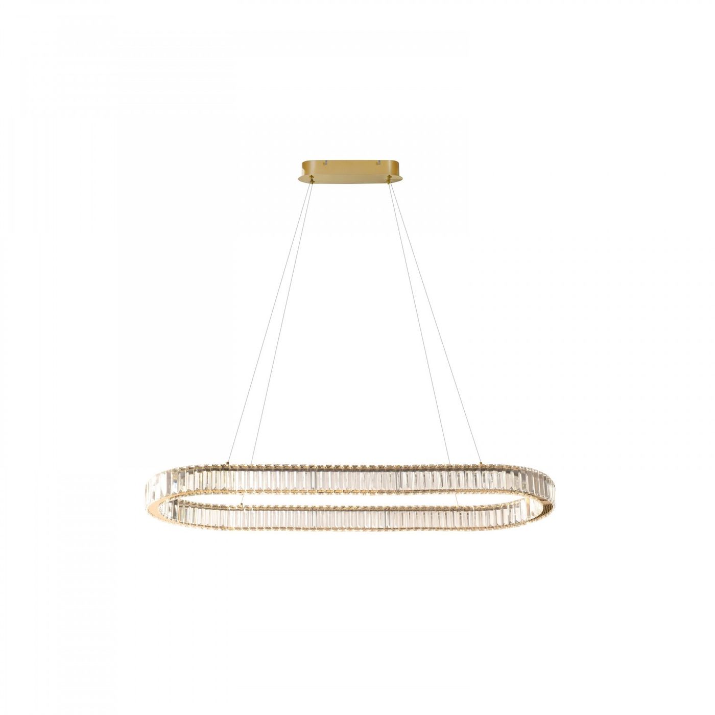 Lampa wisząca Spark Oval w kolorze złotym, z podwójnym okrągłym kloszem i przezroczystymi detalami. Wyposażona w pilot, z dwoma diodami LED o mocy 78W. Zawieszona na cienkich linkach, montowana do sufitu, na białym tle.