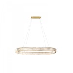 Lampa wisząca Spark Oval w kolorze złotym, z podwójnym okrągłym kloszem i przezroczystymi detalami. Wyposażona w pilot, z dwoma diodami LED o mocy 78W. Zawieszona na cienkich linkach, montowana do sufitu, na białym tle.