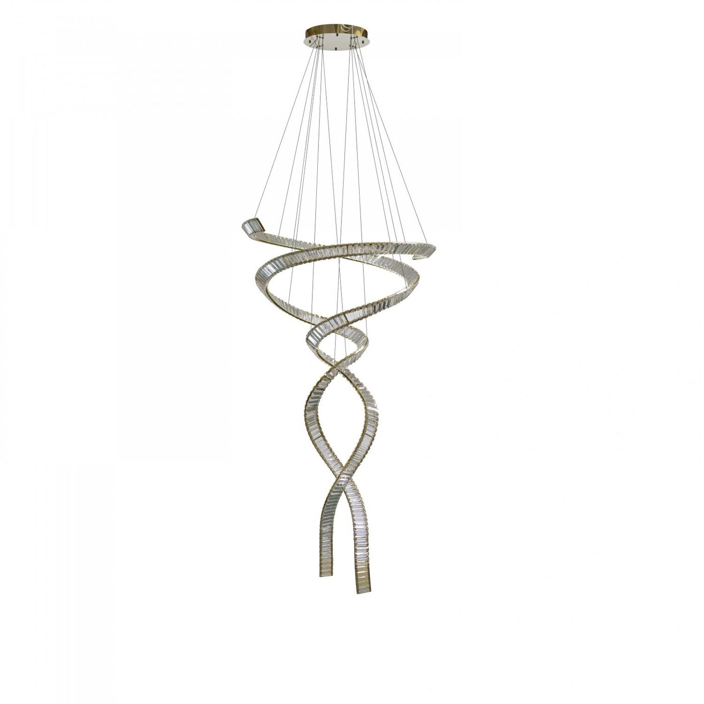 Lampa wisząca Spark Spiral XXL z dwoma źródłami LED o mocy 280W, w kolorze złotym. Ma spiralny kształt, zawieszona na cienkich linkach. Wykończenie z przezroczystych elementów, które odbijają światło. Idealna do nowoczesnych wnętrz.