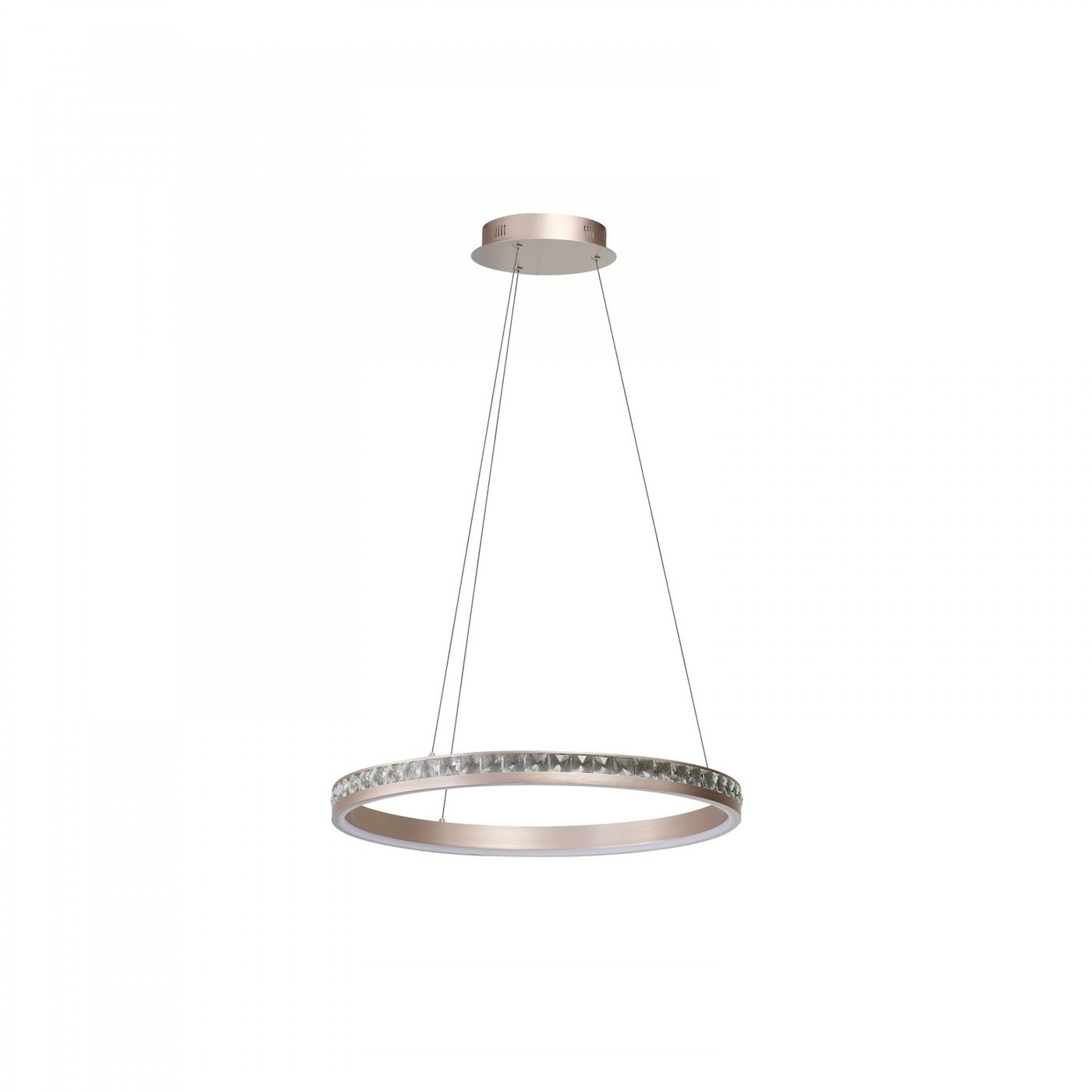 Złota lampa wisząca Camelia z LED 41W, okrągła konstrukcja z dekoracyjnym, przezroczystym obrzeżem. Zawieszona na cienkich linkach, w minimalistycznym stylu, idealna do nowoczesnych wnętrz. Tło białe, podkreślające elegancję lampy.