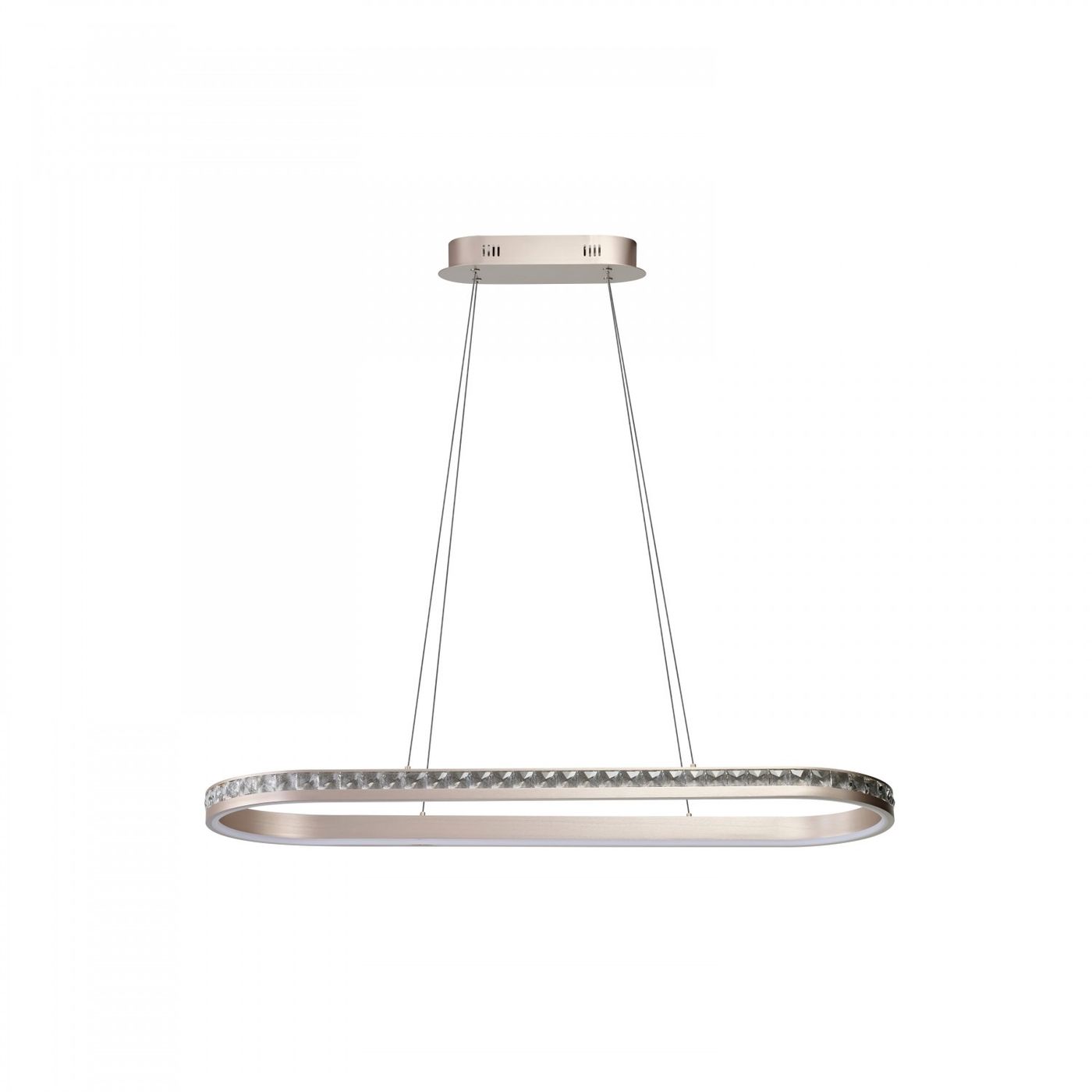 Lampa wisząca Camelia 1xLED 60W w kolorze złotym, o podłużnym kształcie z dekoracyjnym wzorem na krawędzi. Zawieszona na cienkich linkach, z płaskim stropem. Idealna do nowoczesnych wnętrz. Tło białe.