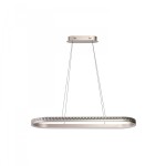 Lampa wisząca Camelia 1xLED 60W w kolorze złotym, o podłużnym kształcie z dekoracyjnym wzorem na krawędzi. Zawieszona na cienkich linkach, z płaskim stropem. Idealna do nowoczesnych wnętrz. Tło białe.