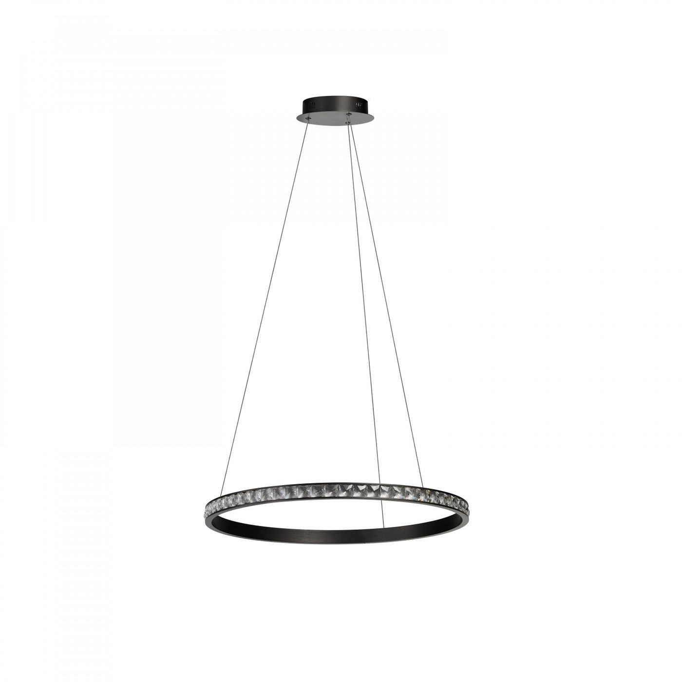 Lampa wisząca Azalea w kolorze czarnym, z 1 źródłem LED 30W, o okrągłym kształcie. Posiada metalowy obręcz z dekoracyjnymi elementami, zawieszona na cienkich linkach, montowana sufitowo. Tło białe, minimalistyczne.