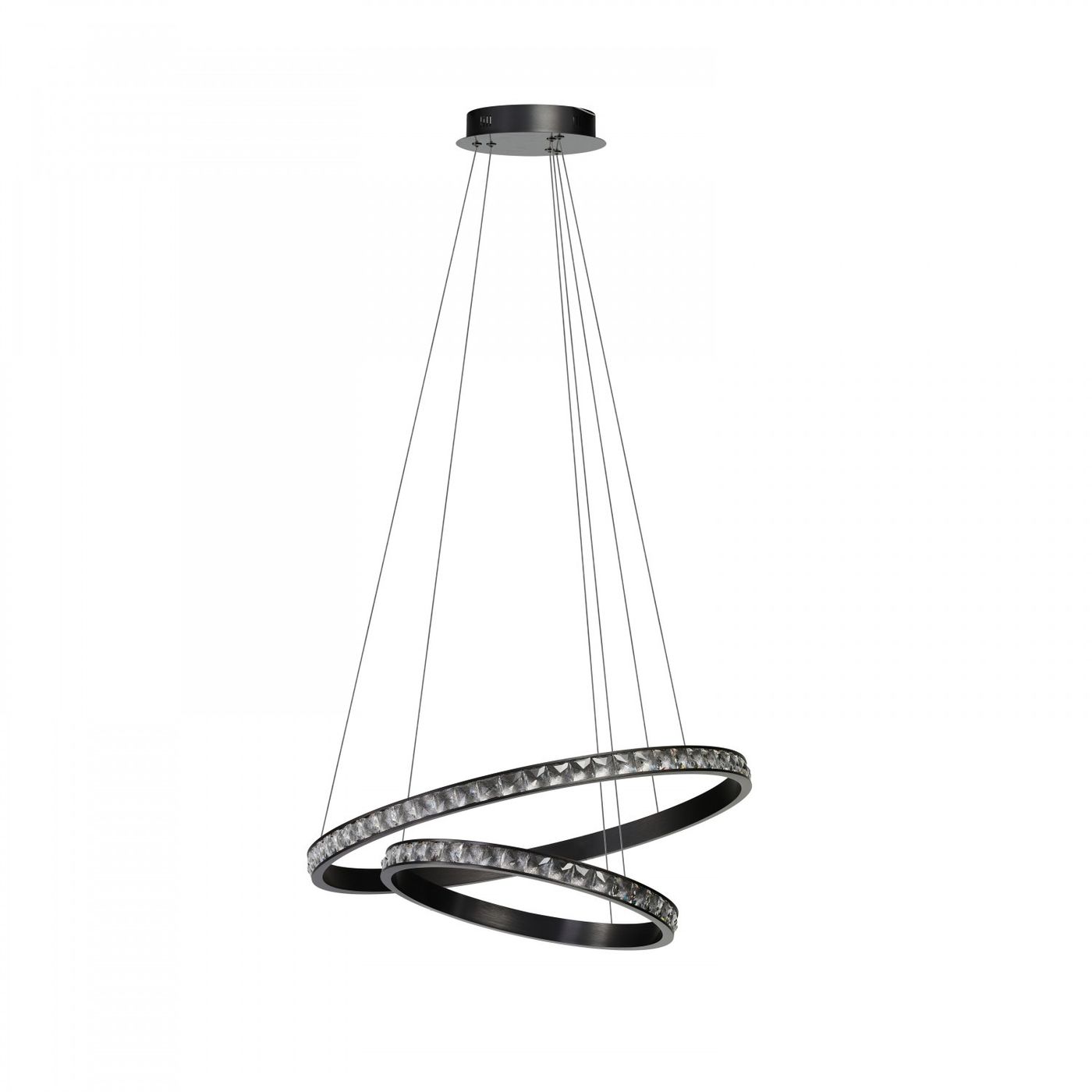Lampa wisząca Azalea w kolorze czarnym z dwoma pierścieniami LED, o mocy 41W. Konstrukcja z metalowymi elementami i dekoracyjnym wykończeniem. Zawieszona na cienkich linkach, prezentuje nowoczesny, minimalistyczny design.