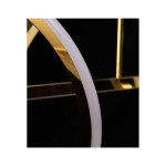 Lampa wisząca Memphis z podwójnym źródłem LED 55W, z widoczną złotą metalową oprawą i białymi, okrągłymi elementami. Zbliżenie na szczegóły konstrukcji oraz połyskliwą powierzchnię, na czarnym tle.
