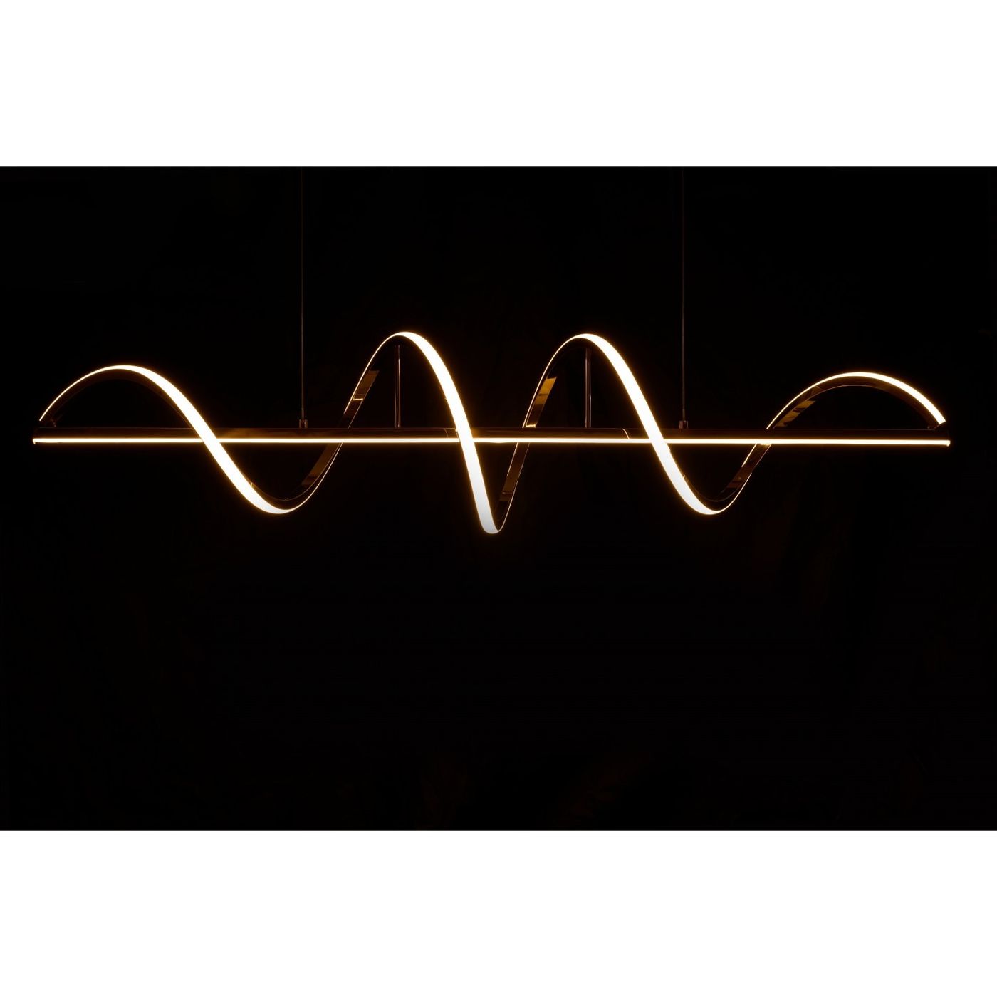 Lampa wisząca Memphis z dwoma źródłami LED 55W, w złotym kolorze. Ma falisty kształt, z eleganckim wykończeniem, zawieszona na cienkich linkach. Tło ciemne, co podkreśla efekt świetlny. Idealna do nowoczesnych wnętrz.