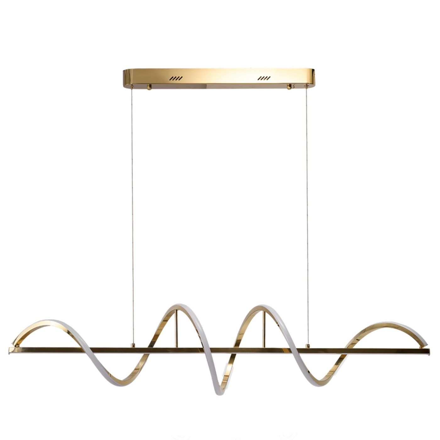 Lampa wisząca Memphis 2xLED 55W w kolorze złotym. Posiada falistą konstrukcję z metalowymi elementami i białymi akcentami. Zawieszona na cienkich linkach, z prostokątnym, złotym mocowaniem u góry. Idealna do nowoczesnych wnętrz.