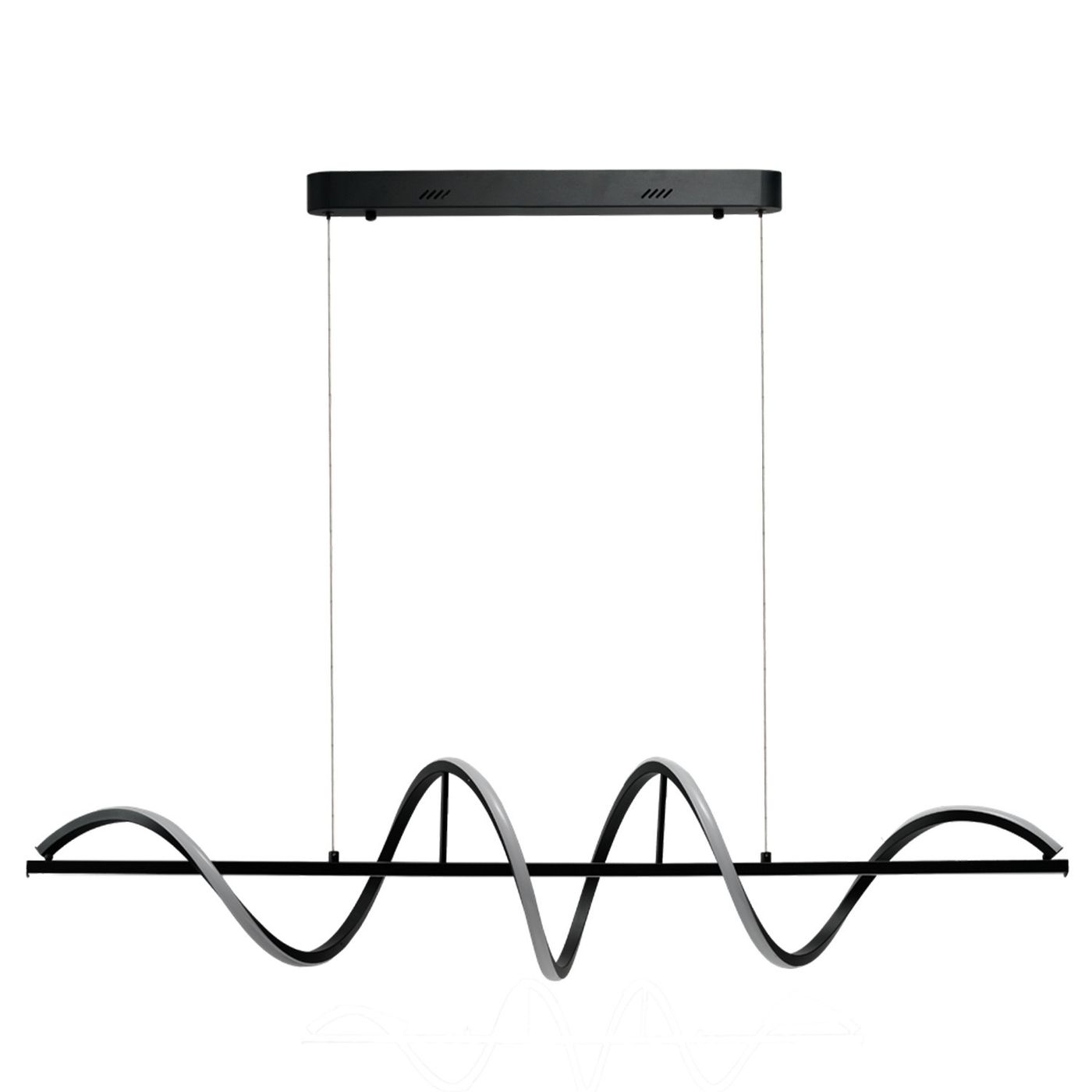 Lampa wisząca Memphis z dwoma źródłami LED o mocy 55W, w kolorze czarnym. Posiada falisty kształt z metalowymi elementami, zawieszona na cienkich linkach. Widoczny prostokątny stelaż montażowy u góry. Tło białe, co podkreśla design lampy.