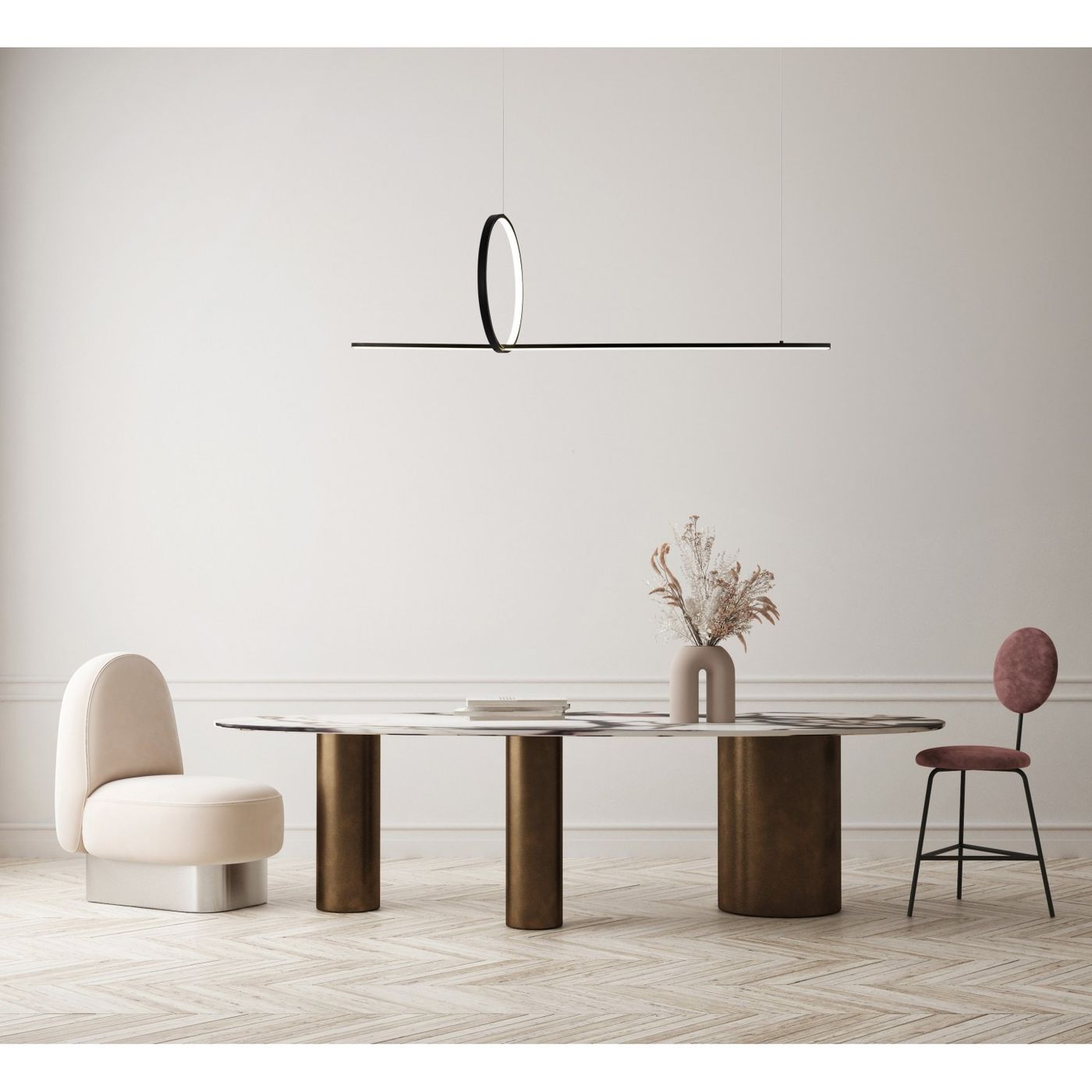 Czarna lampa wisząca Pelle z dwiema żarówkami LED o mocy 32W, w minimalistycznym stylu, zawieszona nad stołem. Kształt prostokątny z okrągłym elementem w centralnej części. Tło jasne, na którym widać nowoczesne meble i dekoracje.
