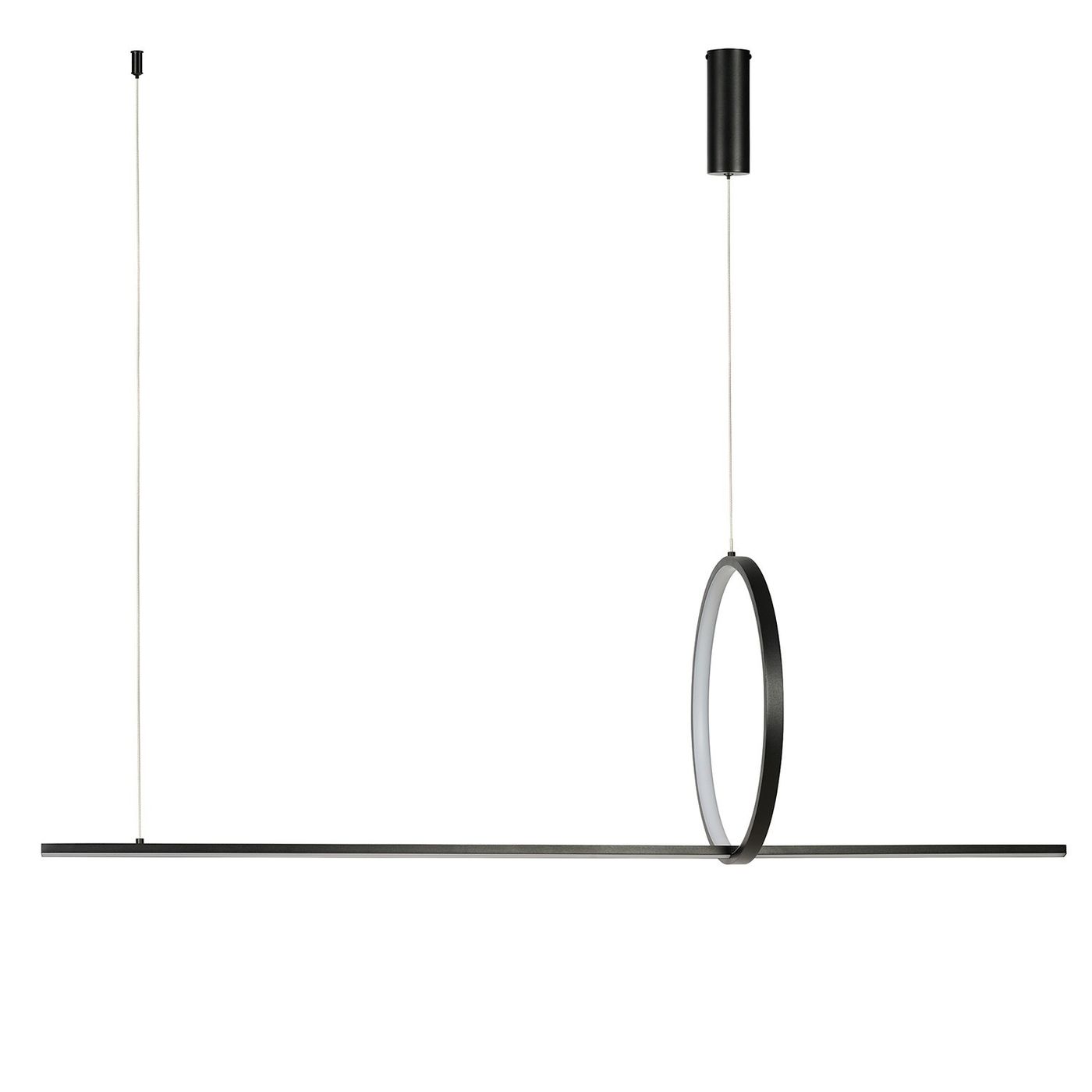 Lampa wisząca Pelle z dwoma źródłami LED 32W w kolorze czarnym. Zawieszona na cienkim kabelku, posiada okrągły element świetlny oraz prostą, poziomą belkę. Minimalistyczny design idealny do nowoczesnych wnętrz.