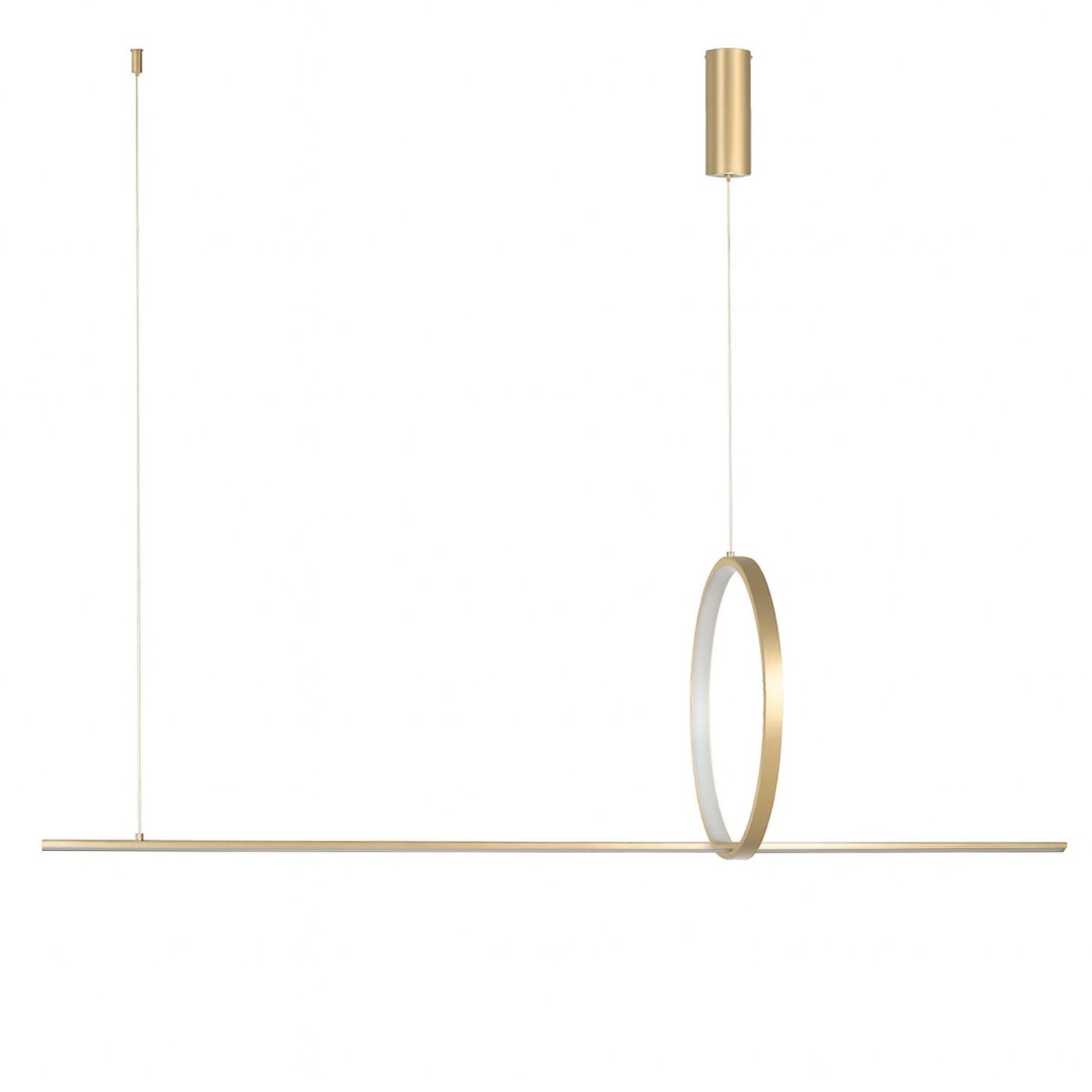 Lampa wisząca Pelle w kolorze złotym z dwoma źródłami LED o mocy 32W. Produkt ma minimalistyczny design z poziomą, prostą belką oraz okrągłym pierścieniem. Ujęcie z boku, zawieszona na cienkiej linki. Tło jasne, proste.