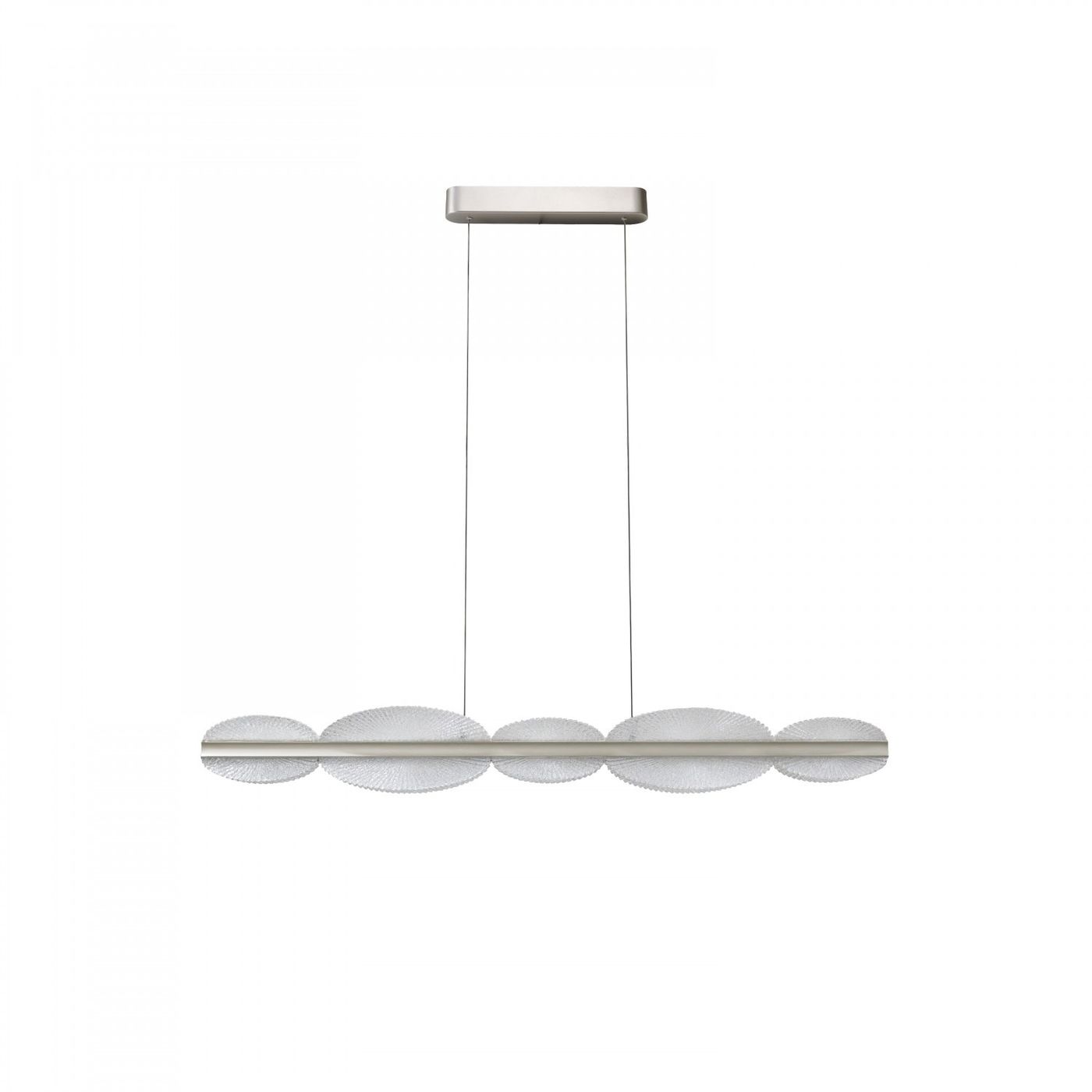 Lampa wisząca Pond 1xLED 58W w kolorze szampanowym, o kształcie prostokątnym z owalnymi elementami. Zawieszona na cienkich linkach, z metalowym podwieszeniem. Idealna do nowoczesnych wnętrz, na białym tle.