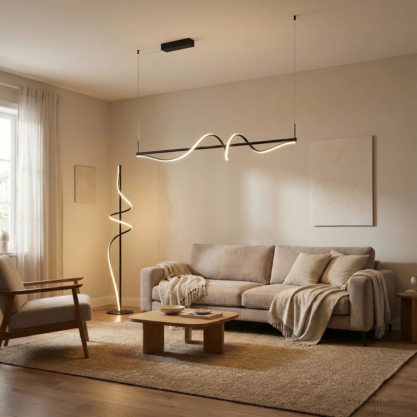 Czarna lampa wisząca Virgo z pojedynczym źródłem LED 35W, o falistym kształcie, zawieszona na cienkim przewodzie. W tle minimalistyczny wystrój salonu z szaro-beżową sofą, drewnianym stolikiem i dywanem.
