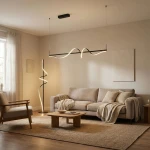 Czarna lampa wisząca Virgo z pojedynczym źródłem LED 35W, o falistym kształcie, zawieszona na cienkim przewodzie. W tle minimalistyczny wystrój salonu z szaro-beżową sofą, drewnianym stolikiem i dywanem.