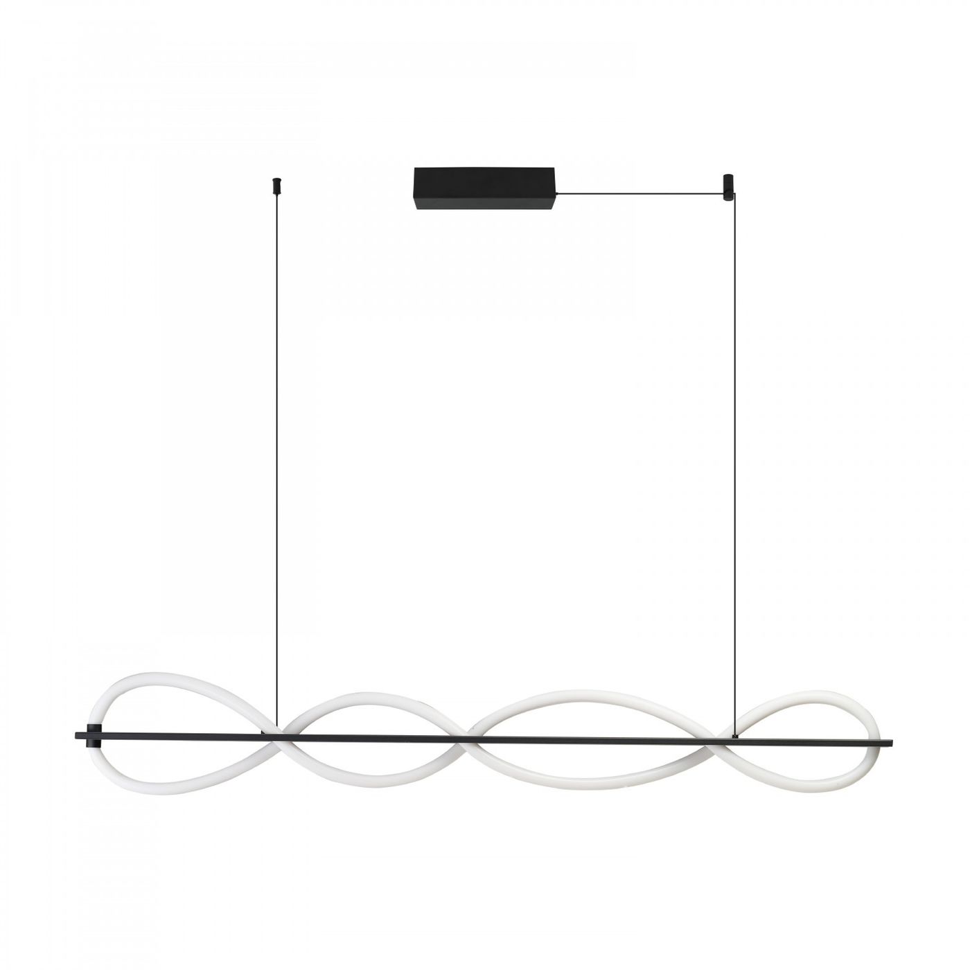 Lampa wisząca Pescara 1xLED 25W w kolorze czarnym, w kształcie falistej linii z białymi elementami, zawieszona na cienkich linkach. Górna część ma prostokątną podstawę, całość na jednolitym tle.