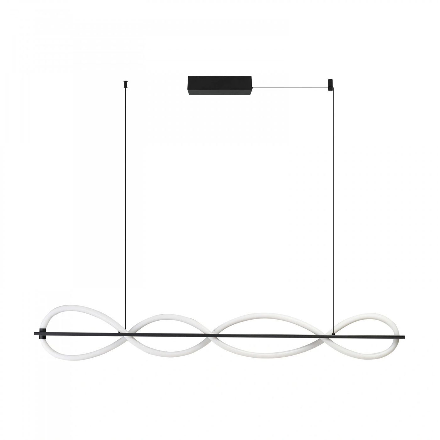 Lampa wisząca Pescara 1xLED 33W w kolorze czarnym, z prostokątnym, matowym korpusem i eleganckim, falistym abażurem w kolorze białym. Ujęcie frontalne, zawieszona na cienkich linkach, na jednolitym tle. Wymiary i detale konstrukcji widoczne.