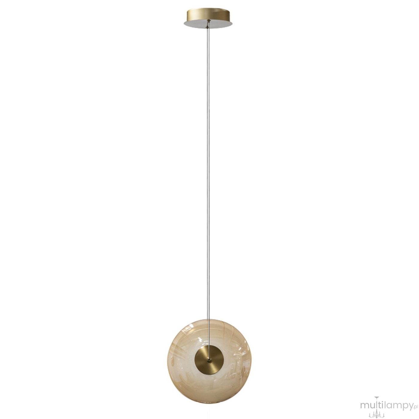 Lampa wisząca Andora z jedną żarówką LED 12W. Złota podsufitka i przezroczysta bursztynowa kula o gładkiej fakturze. Produkt zawieszony na cienkim kablu, w minimalistycznym stylu, idealny do nowoczesnych wnętrz.