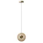 Lampa wisząca Andora z jedną żarówką LED 12W. Złota podsufitka i przezroczysta bursztynowa kula o gładkiej fakturze. Produkt zawieszony na cienkim kablu, w minimalistycznym stylu, idealny do nowoczesnych wnętrz.
