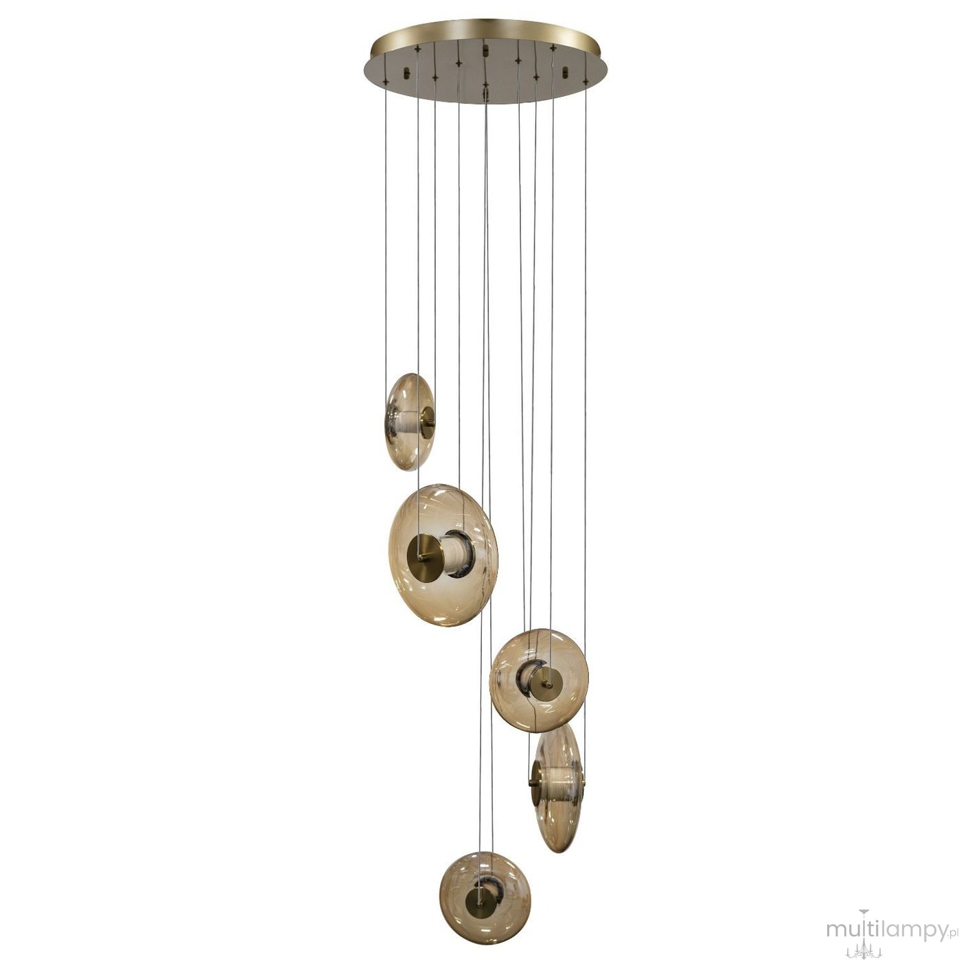 Lampa wisząca Andora z pięcioma źródłami LED, o mocy 48W, w kolorze złotym z bursztynowymi kloszami. Klosze w różnych rozmiarach zawieszone na cienkich linkach, montowane do okrągłej podstawy sufitowej. Idealna do nowoczesnych wnętrz.