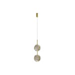 Lampa wisząca Euforia 2xLED 12W w kolorze złotym. Składa się z dwóch okrągłych kloszy z przezroczystym wykończeniem, zawieszonych na cienkim przewodzie. Klosze mają połyskujące detale, tworząc elegancką iluminację.