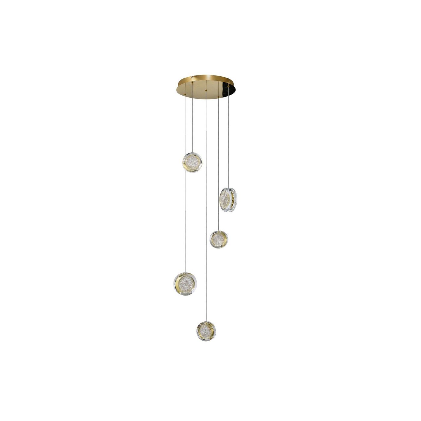 Lampa wisząca Euforia z pięcioma okrągłymi źródłami światła LED, o mocy 30W, w złotym wykończeniu. Produkt zawieszony na cienkich linkach, montowany na okrągłej podsufitce. Elegancki design, idealny do nowoczesnych wnętrz.