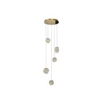 Lampa wisząca Euforia z pięcioma okrągłymi źródłami światła LED, o mocy 30W, w złotym wykończeniu. Produkt zawieszony na cienkich linkach, montowany na okrągłej podsufitce. Elegancki design, idealny do nowoczesnych wnętrz.