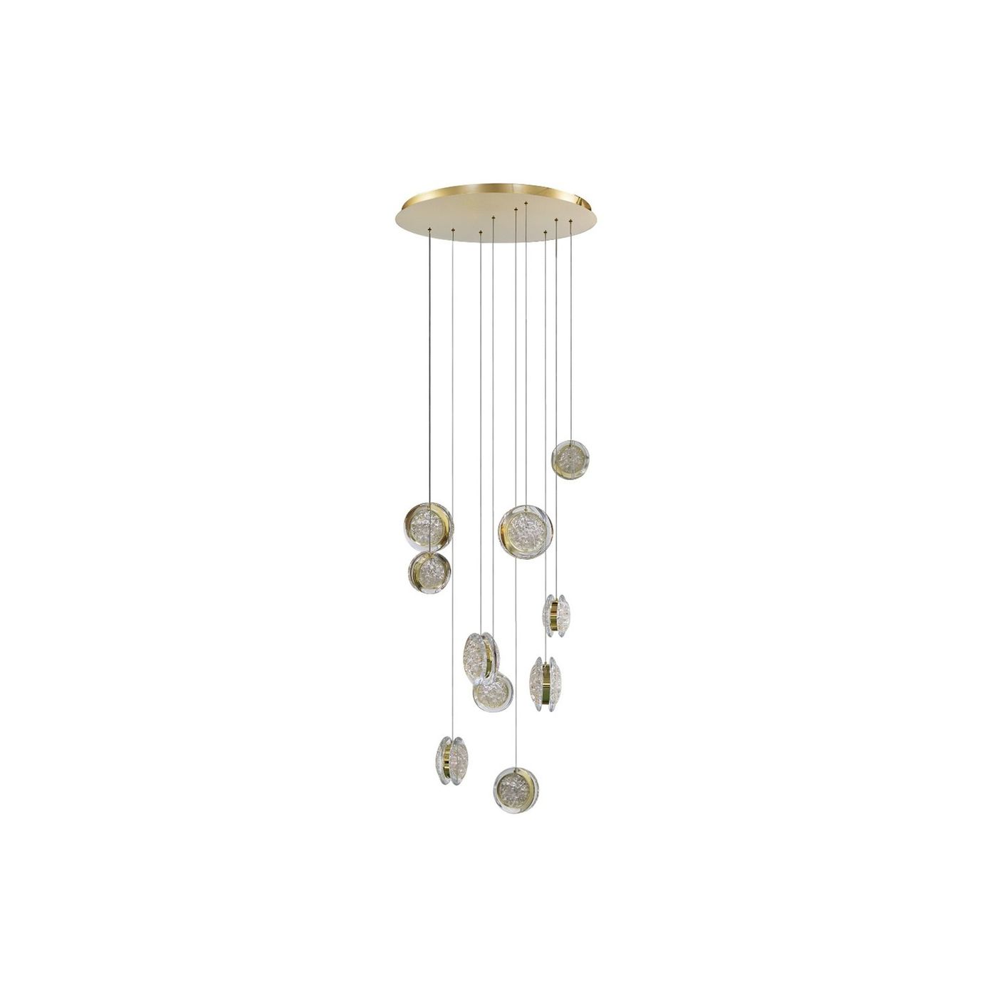 Lampa wisząca Euforia z 19 diodami LED o mocy 120W. Złota podsufitka, wiszące okrągłe klosze z przezroczystym wykończeniem, zawieszone na cienkich linkach. Efektowna aranżacja świetlna, idealna do nowoczesnych wnętrz.