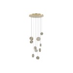 Lampa wisząca Euforia z 19 diodami LED o mocy 120W. Złota podsufitka, wiszące okrągłe klosze z przezroczystym wykończeniem, zawieszone na cienkich linkach. Efektowna aranżacja świetlna, idealna do nowoczesnych wnętrz.