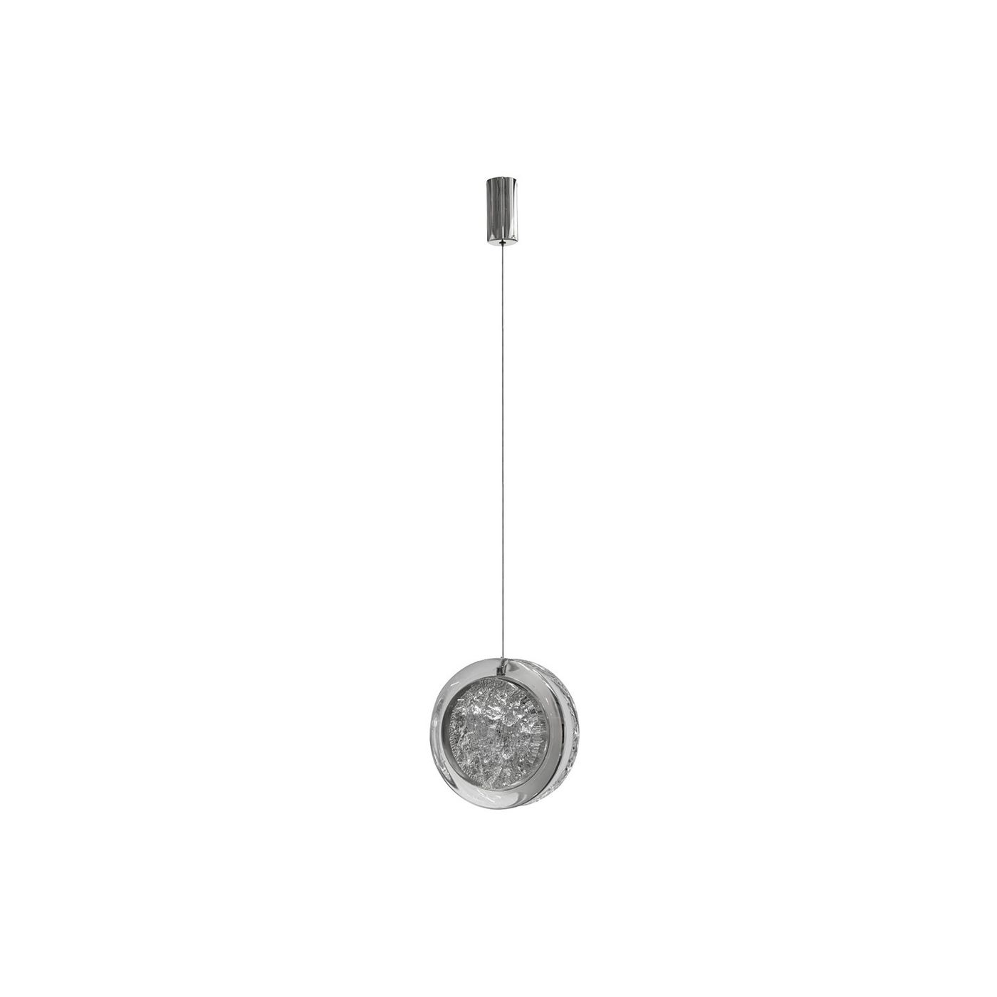 Lampa wisząca Euforia D16 z chromowanym wykończeniem, z zawieszeniem na cienkim sznurku. Okrągła obudowa z przezroczystym kloszem, w którym umieszczono diodę LED 6W. Produkt wisi pionowo, na jednolitym tle.
