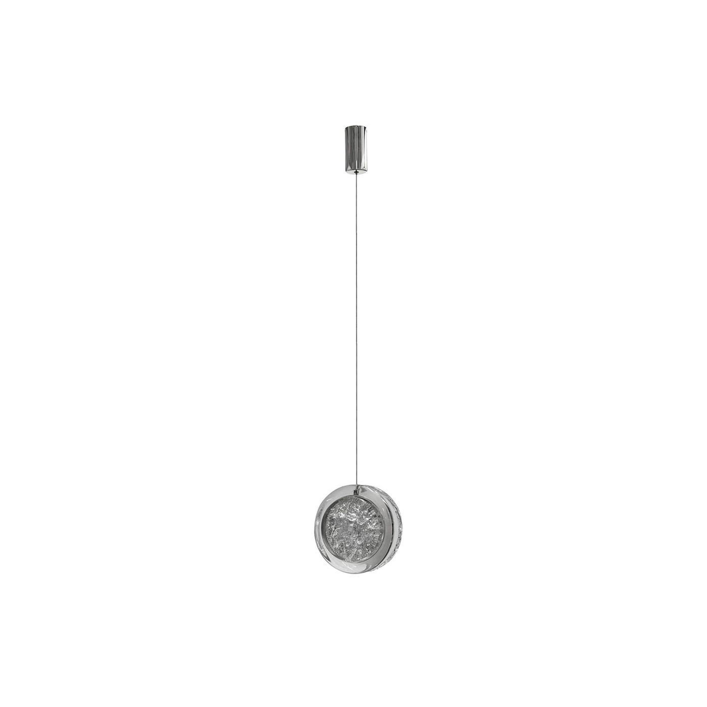 Lampa wisząca Euforia D13 z pojedynczym źródłem LED 6W, chromowana. Okrągła, przezroczysta część z teksturowanym wnętrzem, zawieszona na cienkim stalowym przewodzie. Prosty, nowoczesny design, idealna do różnych aranżacji wnętrz.