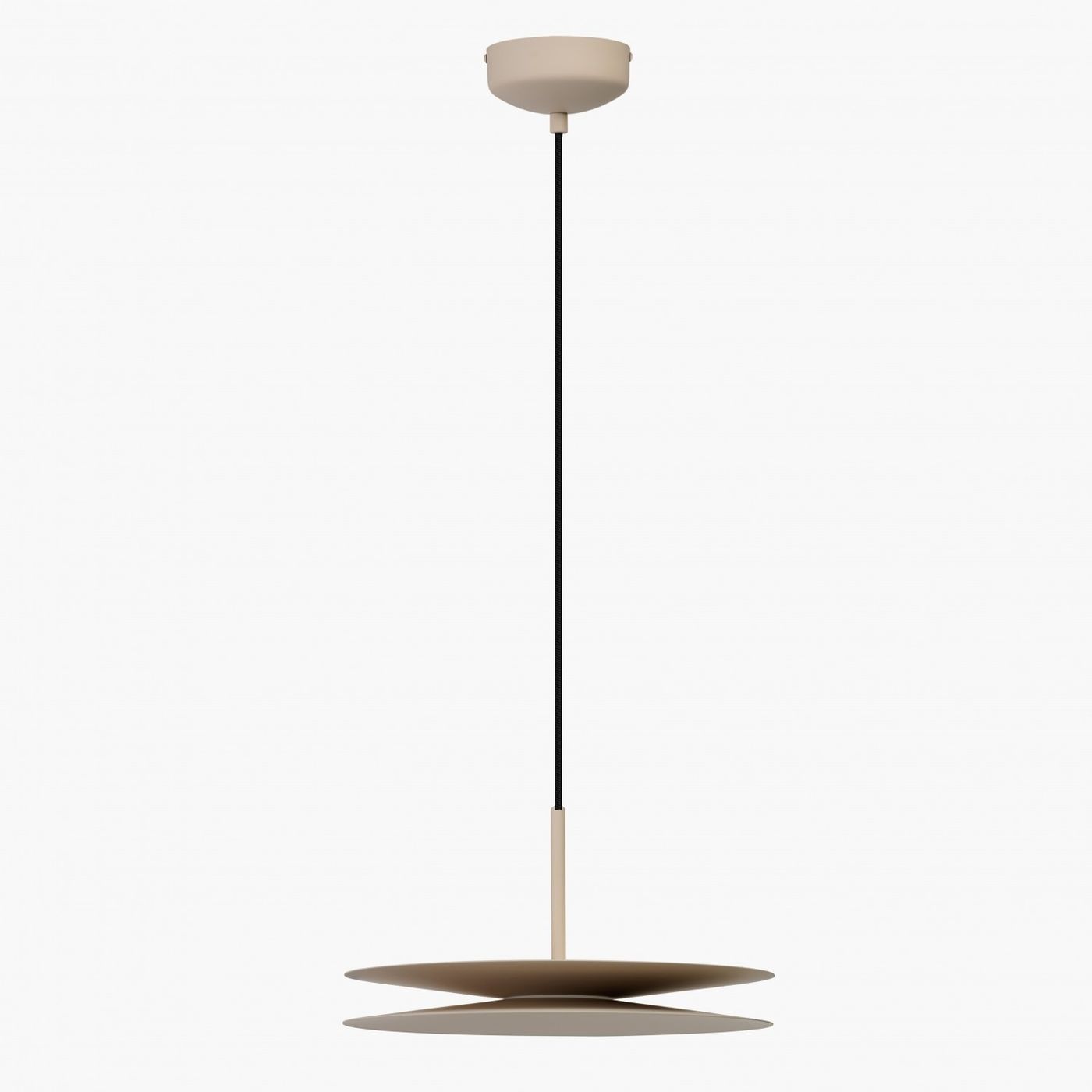 Beżowa lampa wisząca LED 12W Disc z dwoma okrągłymi, płaskimi kloszami, zawieszona na czarnym przewodzie. Klosze mają matowe wykończenie, a lampa jest zamontowana na górze, z prostym, minimalistycznym designem.