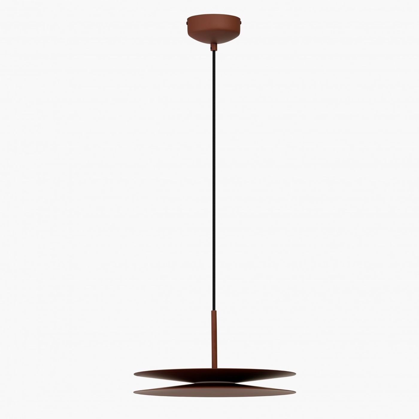 Lampa wisząca LED 12W w kolorze kasztanowym, z dwoma okrągłymi, płaskimi kloszami umieszczonymi jeden nad drugim. Produkt zawieszony na cienkim, czarnym przewodzie, z mocowaniem sufitowym w kolorze kasztanowym.