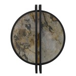 Kinkiet LED Saturn 20W w kolorze czarnym, z okrągłą, teksturowaną oprawą w odcieniach szaro-złotych. Umieszczony frontalnie, z widocznymi dwoma metalowymi elementami, tworzy nowoczesny akcent oświetleniowy.