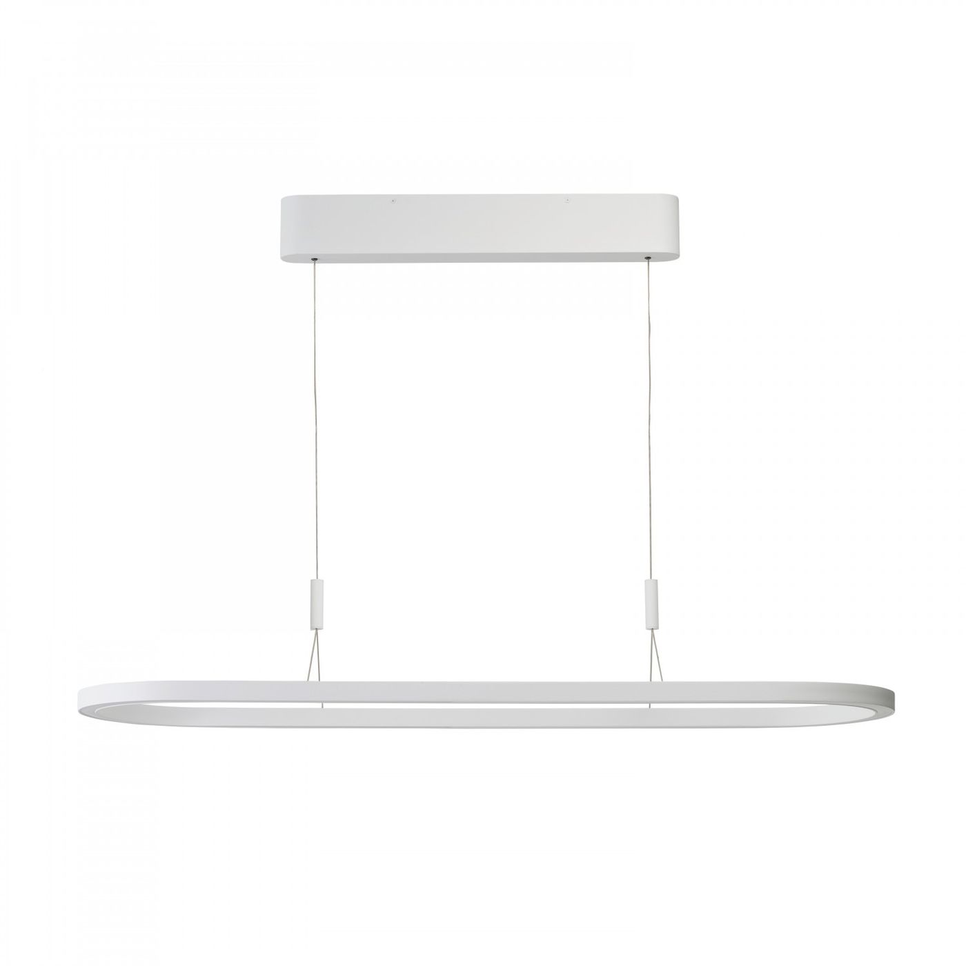 Lampa wisząca LED Layla 120 w kolorze białym, o mocy 50W. Posiada prostokątną, minimalistyczną formę z cienkimi zawieszeniami. Montaż sufitowy, idealna do nowoczesnych wnętrz. Tło proste, białe, podkreślające elegancję lampy.