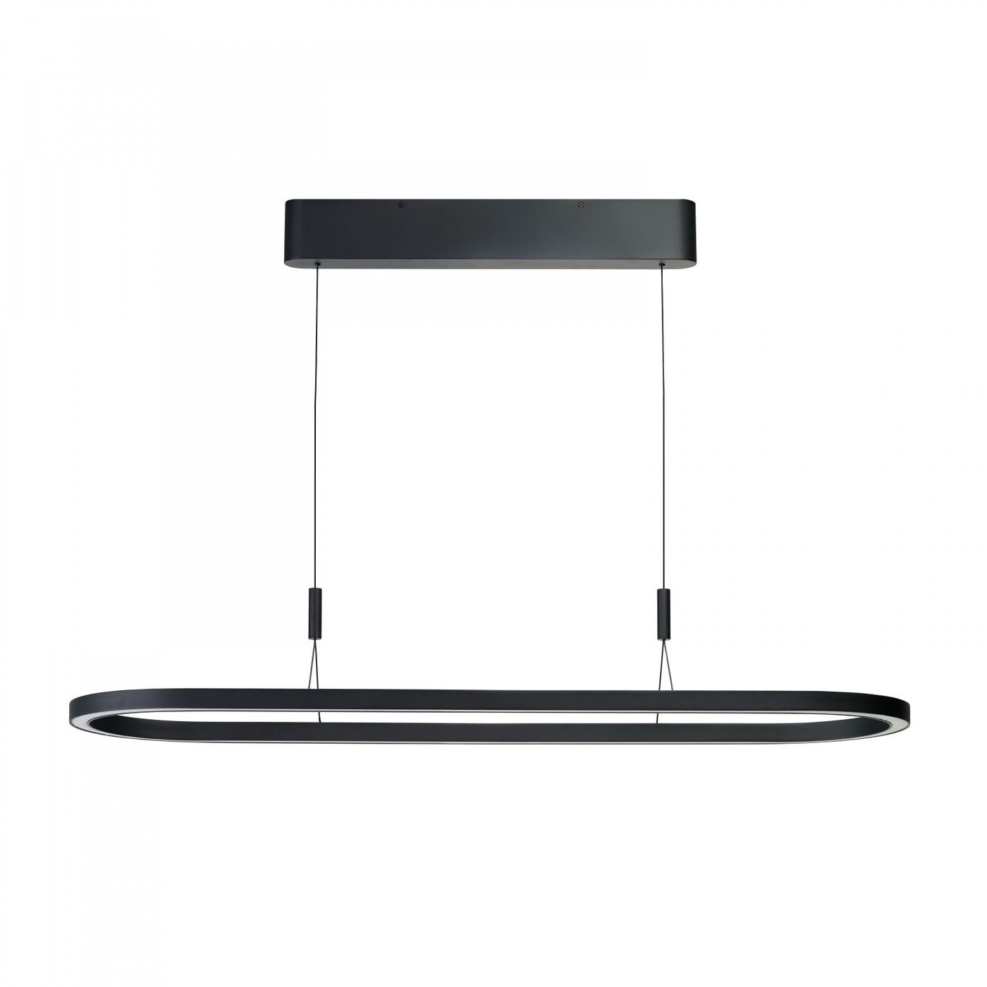 Lampa wisząca LED Layla 120, czarna, o mocy 50W. Posiada prostokątną, cienką konstrukcję zawieszoną na cienkich linkach. Elementy metalowe w matowym wykończeniu, z widocznym źródłem światła wewnątrz. Idealna do nowoczesnych wnętrz.