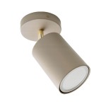 Lampa sufitowa Spoti w kolorze kaszmiru z złotym detalem, z cylindrycznym kloszem, zamontowana na okrągłej podstawie. Kąt ujęcia z dołu, ukazujący elegancki design i fakturę powierzchni. Idealna do nowoczesnych wnętrz.