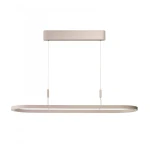 Beżowa lampa wisząca LED Layla 120 o mocy 50W, w kształcie wydłużonego prostokąta. Zawieszona na cienkich linkach, z prostokątnym elementem montażowym. Minimalistyczny design, idealna do nowoczesnych wnętrz.