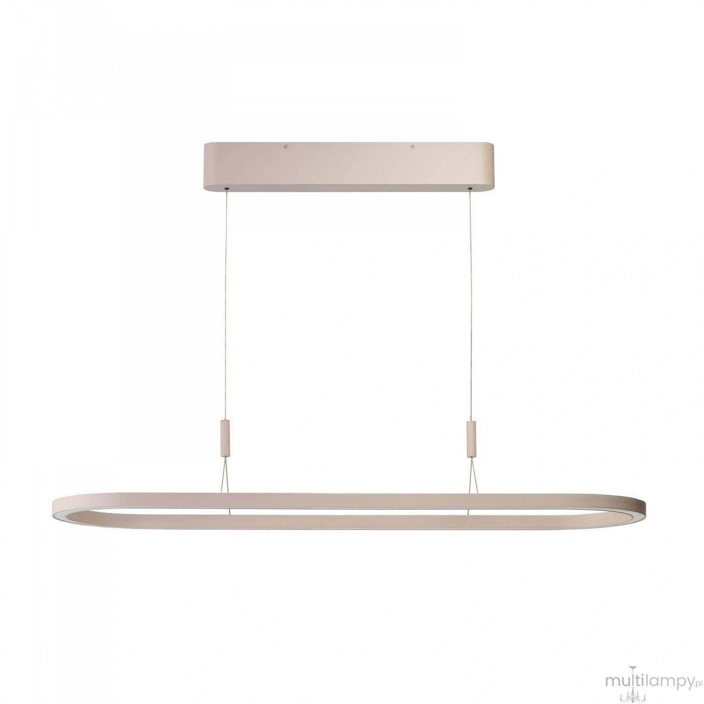 Beżowa lampa wisząca LED Layla 150, o mocy 60W, w kształcie wydłużonego prostokąta. Zawieszona na cienkich linkach, z płaskim, minimalistycznym stelażem. Idealna do nowoczesnych wnętrz, na jednolitym tle.