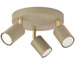 Lampa sufitowa Spoti Round w kolorze kaszmiru z trzema ruchomymi reflektorami w złotych detalach. Okrągła podstawa z metalowym wykończeniem, idealna do oświetlenia wnętrz. Reflektory skierowane w różnych kierunkach, montaż sufitowy.