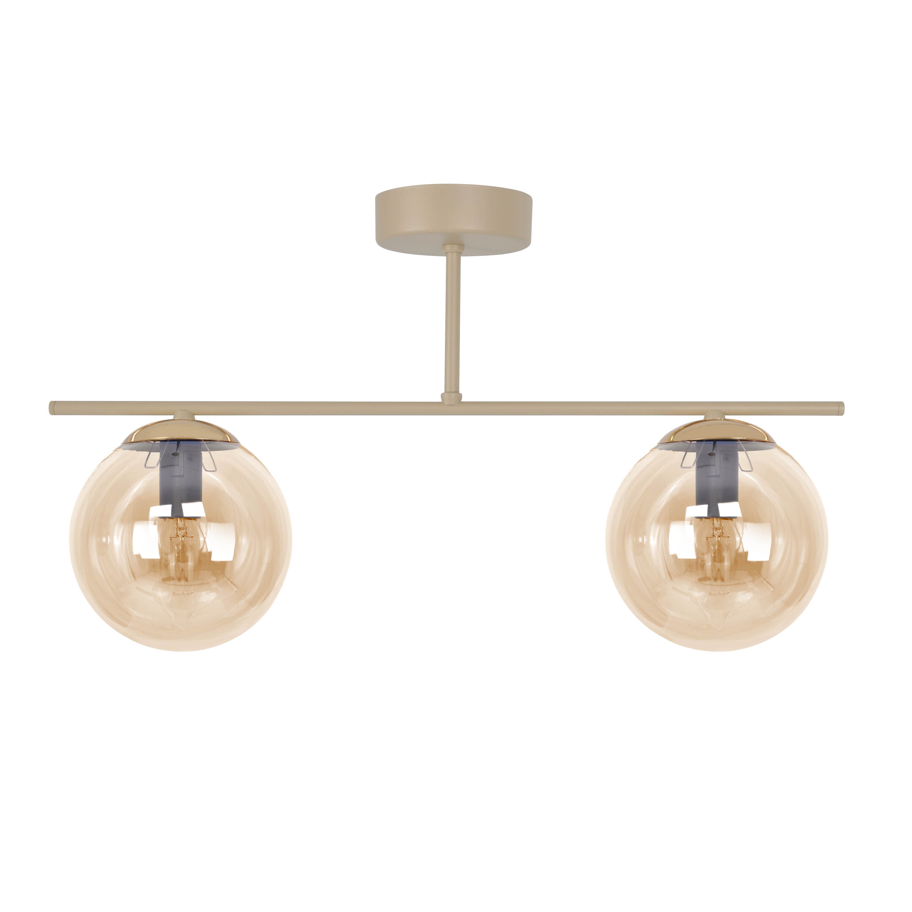 Lampa sufitowa Felix z dwoma kulistymi kloszami w kolorze bursztynowym, zamontowana na beżowej metalowej ramie. Klosze są przezroczyste, a lampa ma nowoczesny, minimalistyczny design. Ujęcie frontalne.