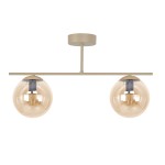 Lampa sufitowa Felix z dwoma kulistymi kloszami w kolorze bursztynowym, zamontowana na beżowej metalowej ramie. Klosze są przezroczyste, a lampa ma nowoczesny, minimalistyczny design. Ujęcie frontalne.