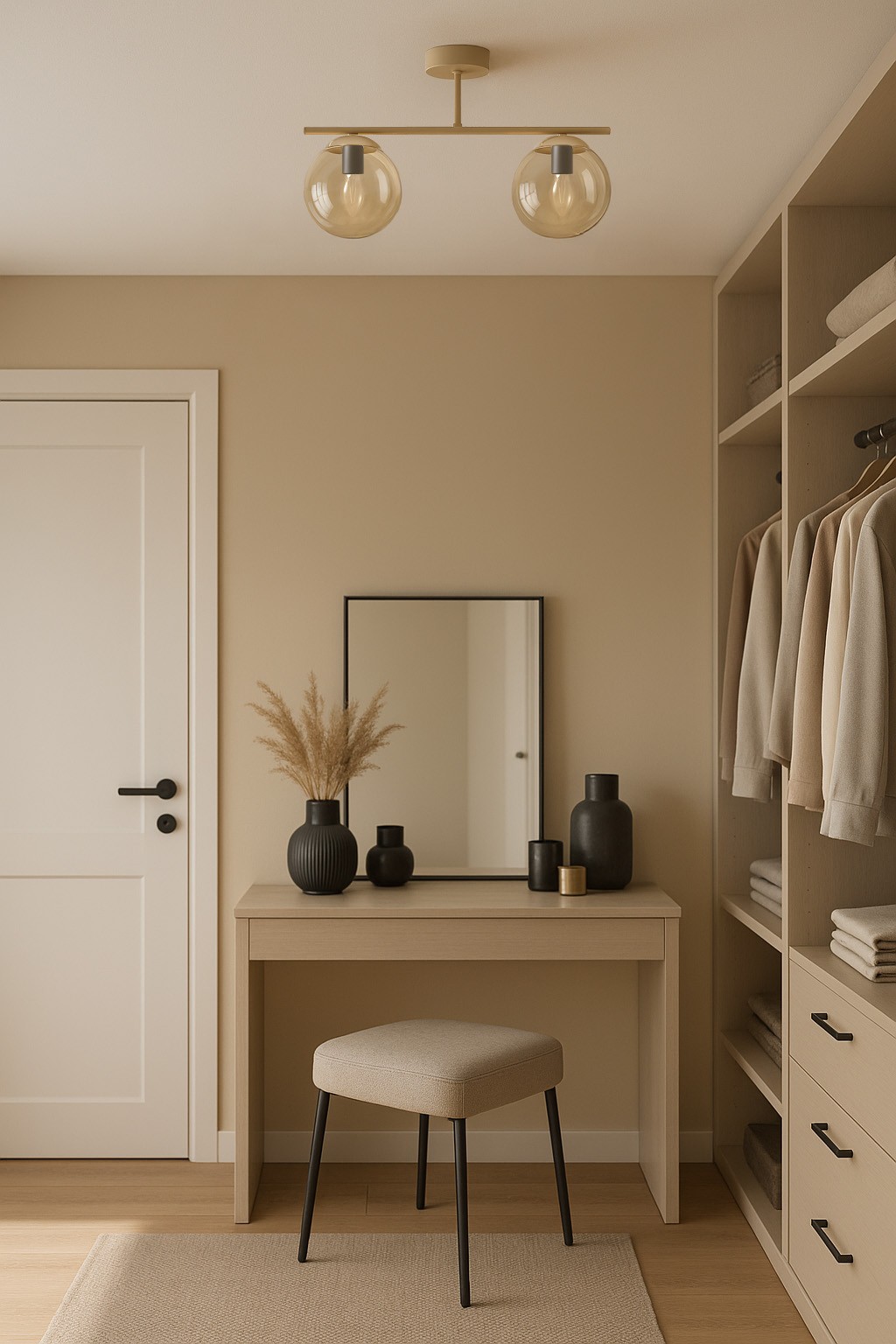 Beżowa lampa sufitowa Felix z dwoma oprawami E14, z bursztynowymi kloszami. Ujęcie z dołu, pokazujące lampę zamontowaną na gładkim suficie, w tle minimalistyczne wnętrze z biurkiem, lustrem i szafkami.