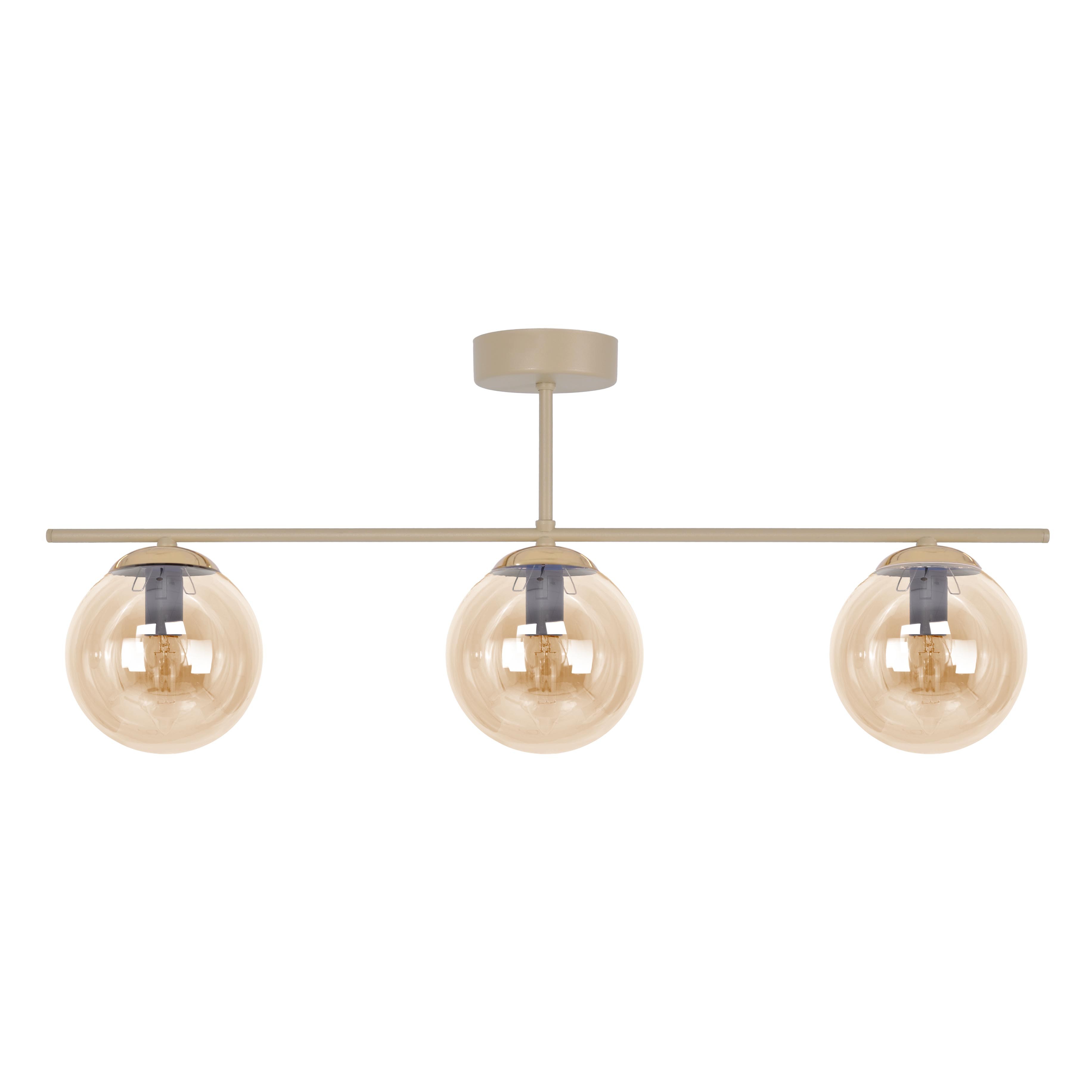 Lampa sufitowa Felix w kolorze beżowym z trzema bursztynowymi kloszami. Konstrukcja z metalowym ramieniem, wisi pod sufitem. Klosze w kształcie kul, zamontowane na metalowych podstawkach, przeznaczone na żarówki E14.