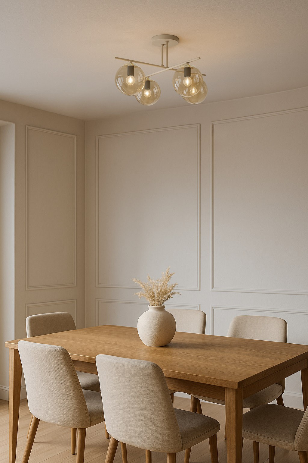 Lampa sufitowa Felix 4xE14 w kolorze beżowym z bursztynowymi kloszami, zamontowana na suficie. Klosze mają okrągły kształt, transparentne wykończenie, a lampa jest umieszczona nad drewnianym stołem w jasnym wnętrzu.