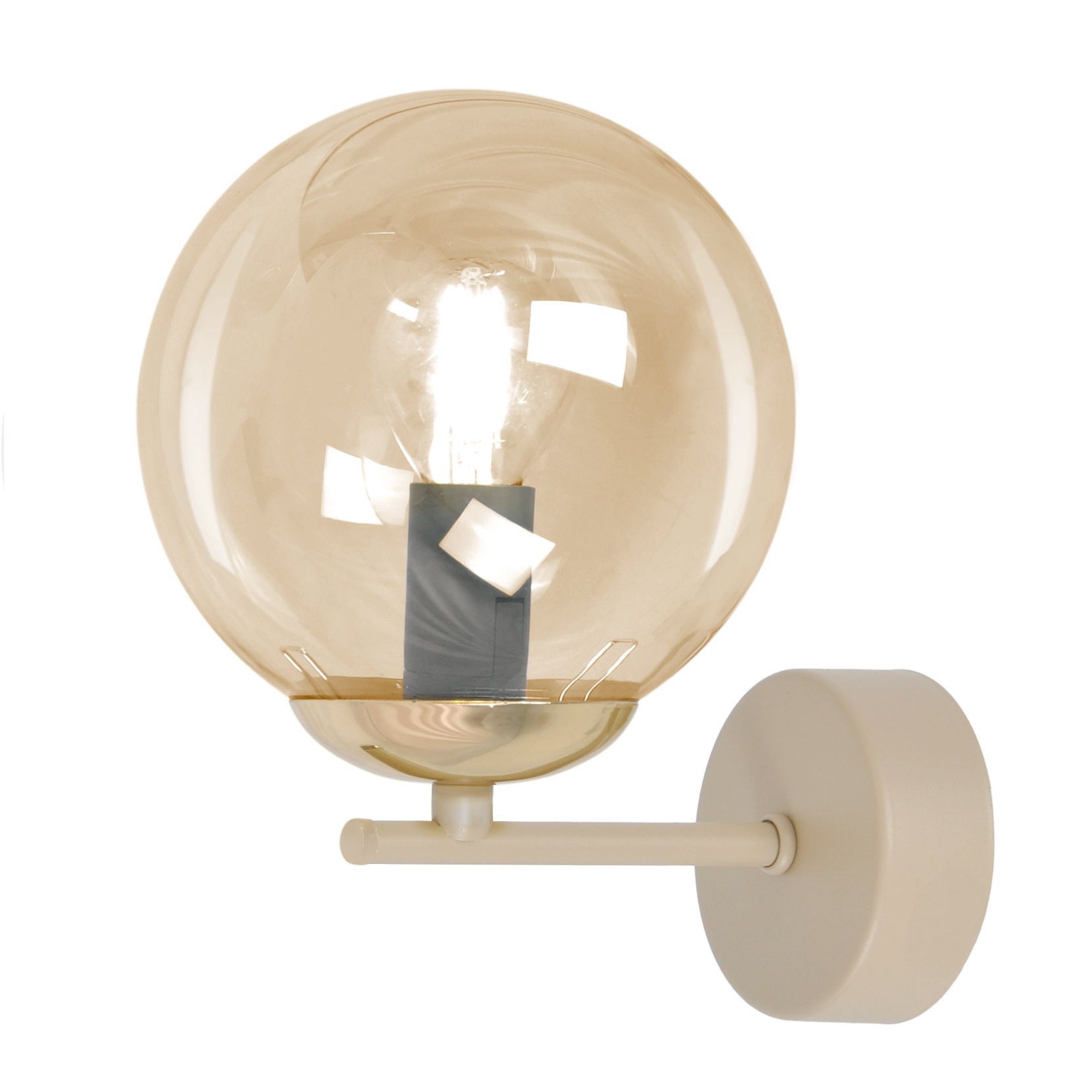 Kinkiet Felix z jedną oprawą E14 w kolorze beżowym z bursztynową, przezroczystą kulą. Lampa zamontowana na okrągłej podstawie, z metalowym ramieniem. Oświetlenie w nowoczesnym stylu, idealne do wnętrz.