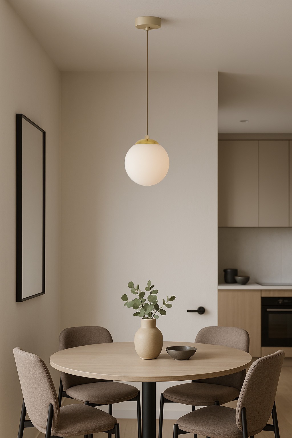 Beżowa lampa wisząca Savia z okrągłym, białym kloszem, zawieszona na cienkim przewodzie. Ujęcie frontalne, lampa nad okrągłym stołem w nowoczesnym wnętrzu. W tle widoczne krzesła i elementy kuchenne.